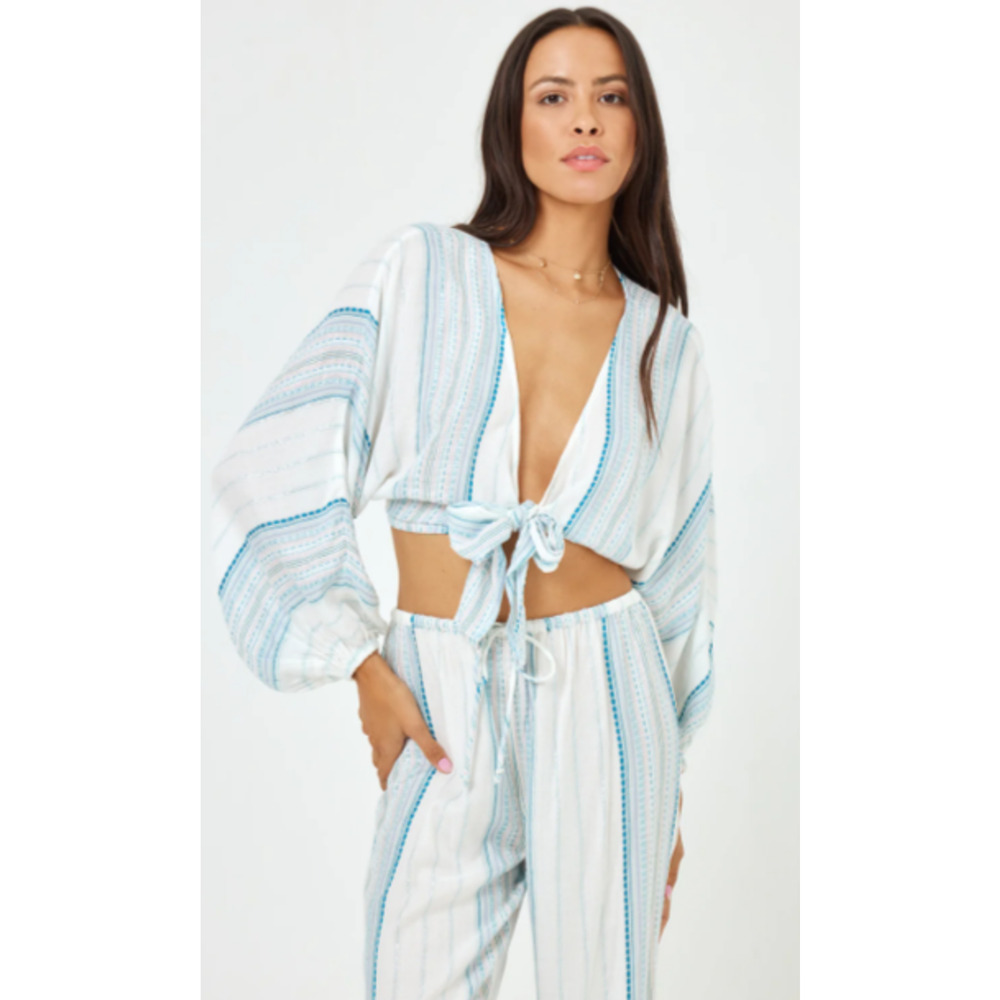 LSPACE White/Blue Tie-Front Balloon Sleeve Crop Top Boho Size Small 2-8 NEW